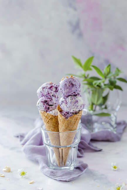 Blueberry ice cream cones — Stock Photo