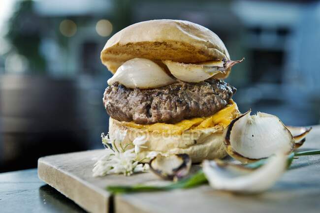 Nahaufnahme von leckerem Burger mit Zwiebeln — Stockfoto