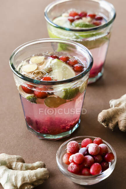 Ginger and cranberry drinks with honey and lime — Stock Photo