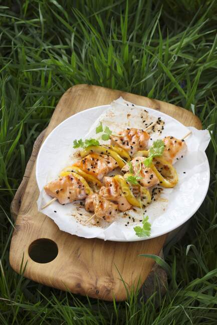Salmon skewers on a plate outdoors — Stock Photo