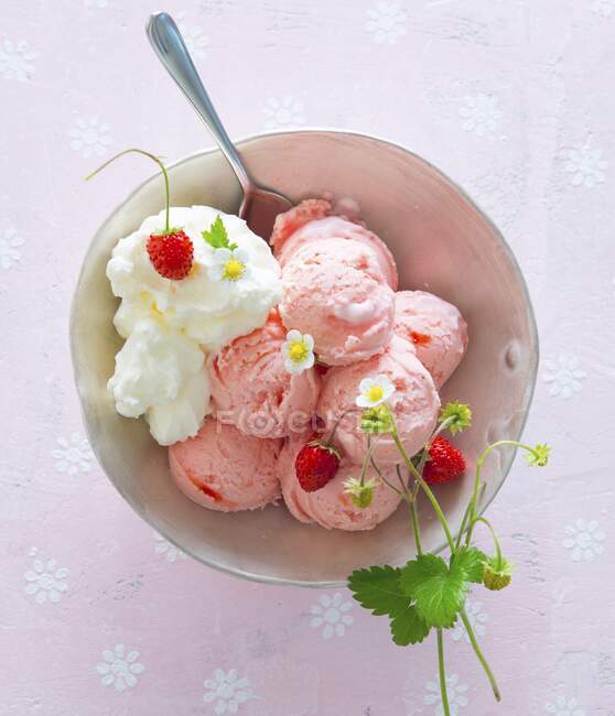 Uma tigela de sorvete de morango, chantilly e morangos silvestres — Fotografia de Stock