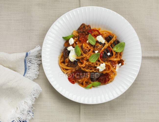 Pasta alla Norma with aubergine — Stock Photo