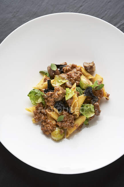 Блюдо из макарон с соусом кабана, черными лисичками и брюссельской капустой — стоковое фото