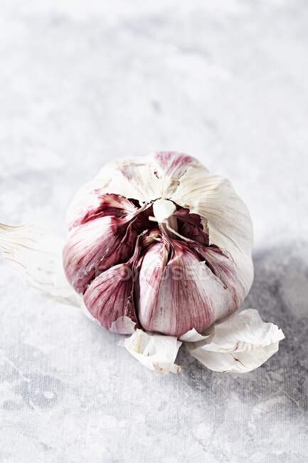 Fresh garlic on a gray background — Stock Photo