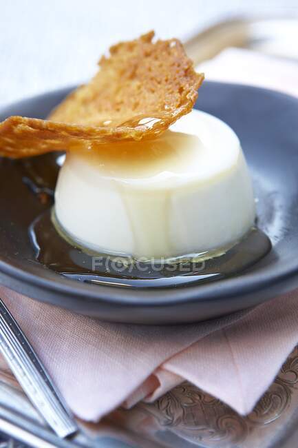 Panna Cotta with honey and a tuile biscuit — Stock Photo