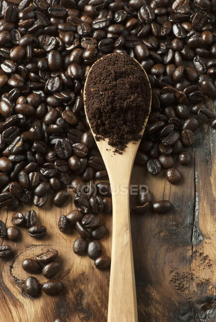 Grains de café avec café moulu — Photo de stock