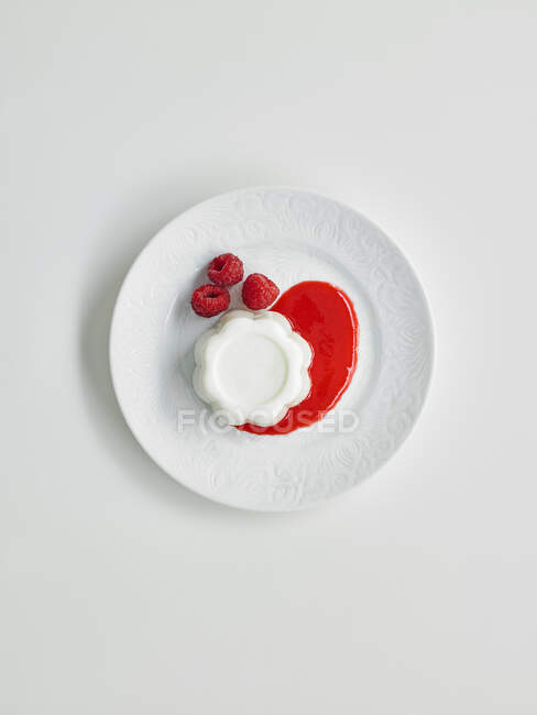 Vanilla pannacotta with raspberries and syrup — Stock Photo