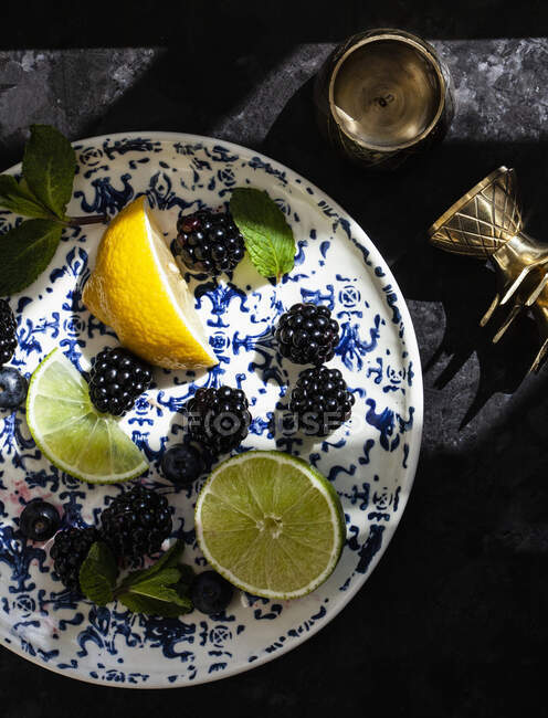 Assiette bleue et blanche avec citrons, citrons verts, mûres, bleuets et menthe — Photo de stock
