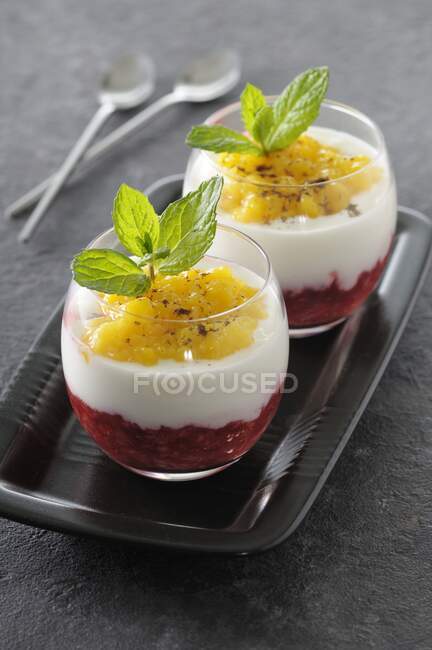 Layered dessert with Greek yoghurt and fruit compote — Stock Photo