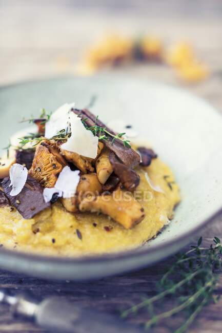 Polenta with mushrooms, Parmesan cheese and thyme — Stock Photo