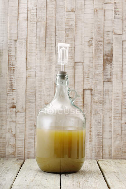 Líquido en una botella de globo con un sello de fermentación - foto de stock