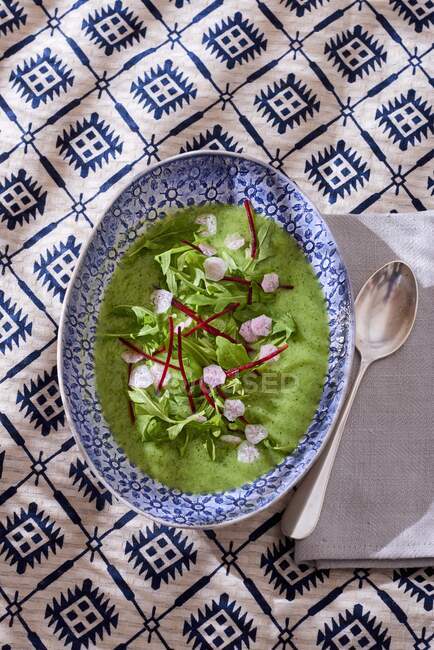 Courgette cream soup with mint and arugula — Stock Photo