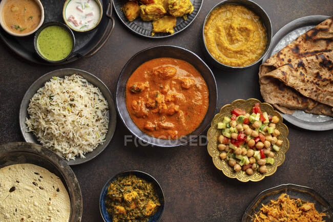 Variedad de comida india, diferentes platos y aperitivos - foto de stock