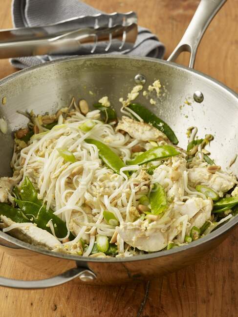 Pad Thai in a stainless steel wok — Stock Photo