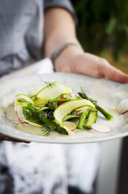 Radish, cougestte, asparagus and dill salald — Stock Photo