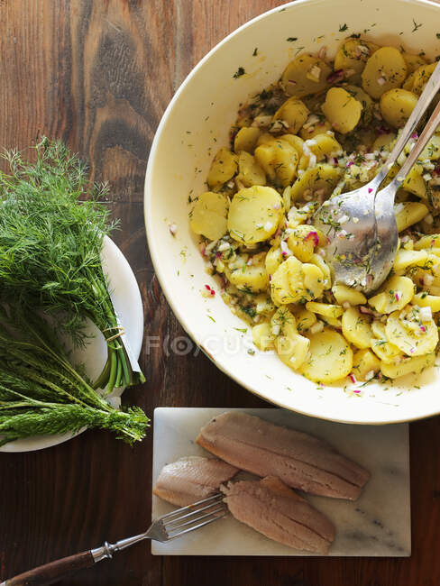Картофельный салат с сельдью и укропом, вид сверху — стоковое фото