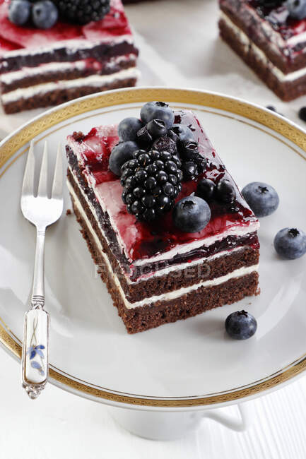 Gâteau au chocolat et crème aux myrtilles et gelée de mûres — Photo de stock