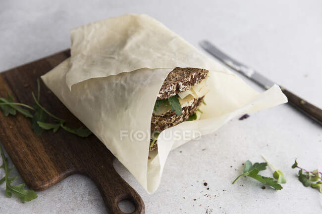 Wholegrain sandwiches with cheese wrapped in paper — Stock Photo