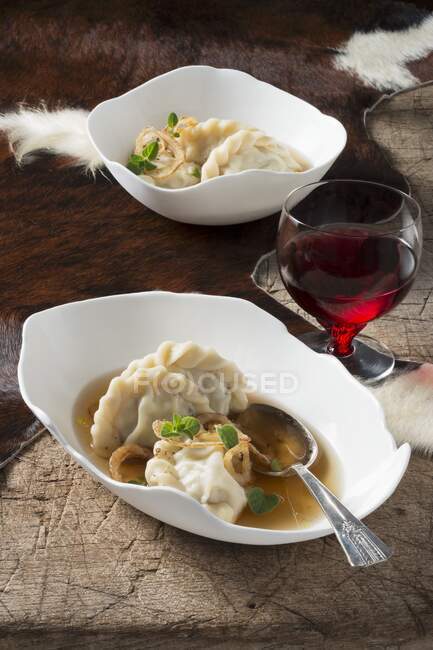 Pasta parcels filled with fried potatoes and chestnut stuffing — Stock Photo