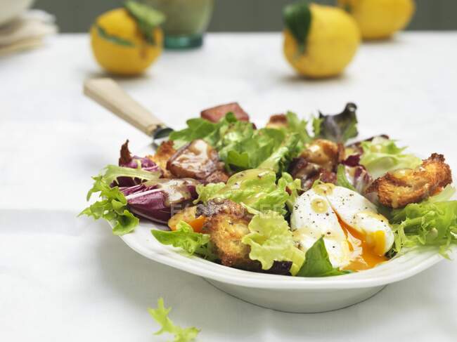 Salad Lyonaise with liquid poached egg — Stock Photo
