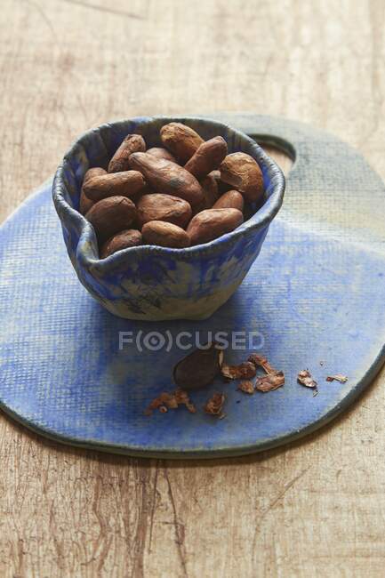 Habas de cacao en un tazón de cerámica - foto de stock