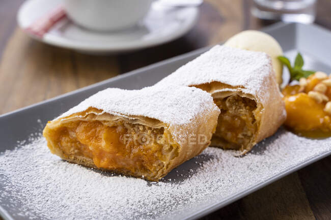 Strudel pie with icing sugar and apricots filling on long plate — Stock Photo