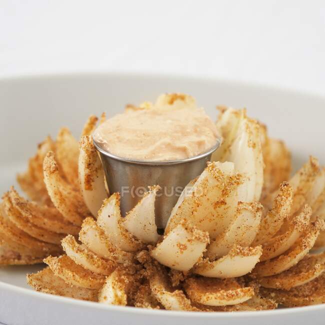 A baked onion arranged like a flower with a dip — Stock Photo