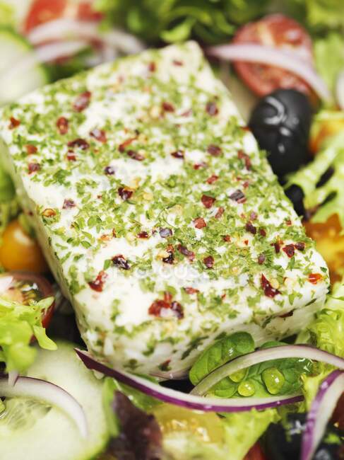 Griechischer Salat mit Feta. Nahaufnahme — Stockfoto