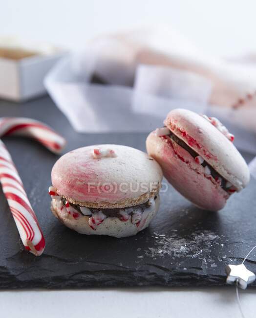 Pink macarons filled with chocolate and candy canes (Christmas) — Stock Photo
