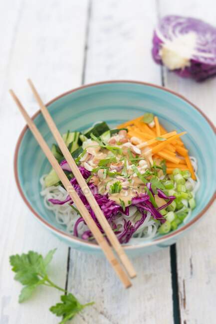 Rice noodles salad with vegetables and peanut sauce — Stock Photo