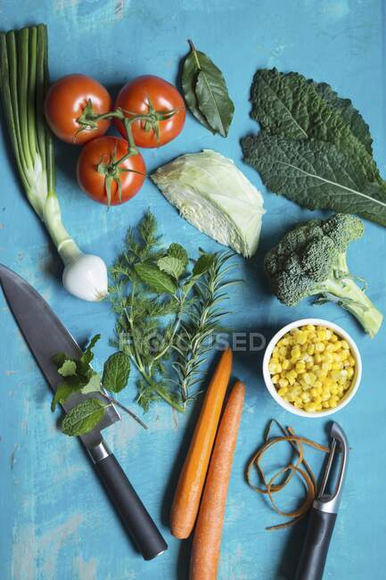 Varias verduras, hierbas frescas y granos de maíz dulce - foto de stock
