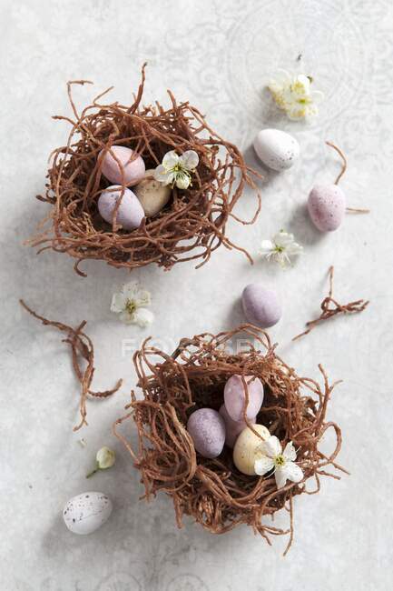 Ninhos de Páscoa de chocolate feitos de macarrão seco — Fotografia de Stock