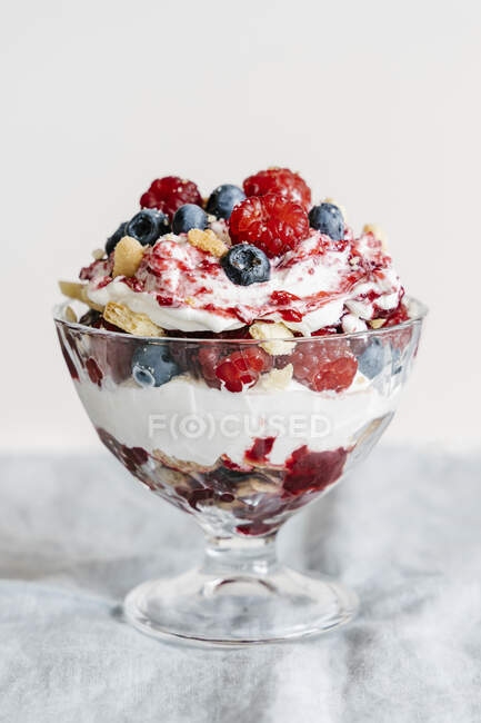 Trifle avec sablé à la vanille, crème, meringue, framboises et bleuets — Photo de stock