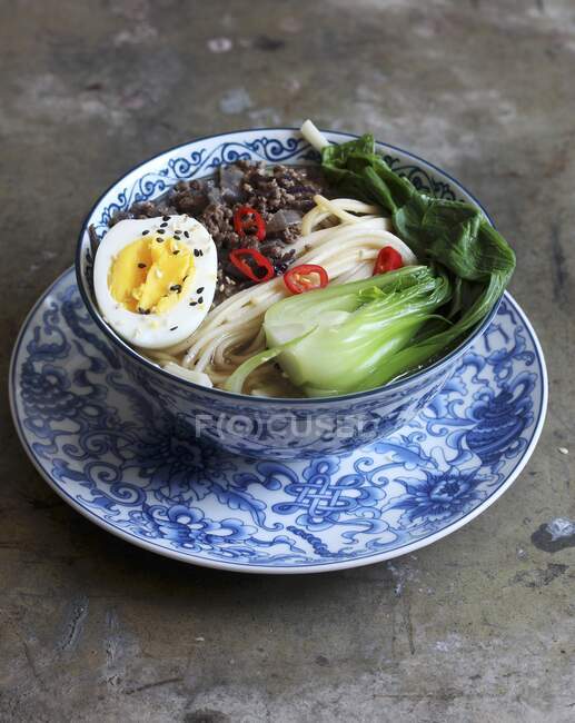 Sopa de macarrão Szechuan Udon com carne, um ovo cozido e repolho chinês — Fotografia de Stock