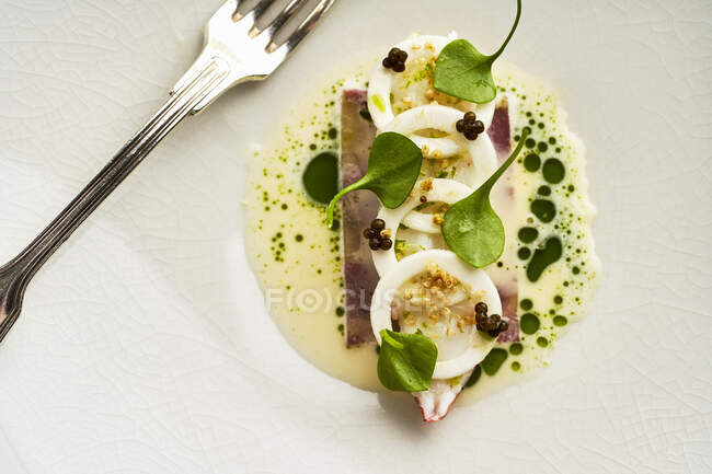 Veal head with langoustine and herb espuma — Stock Photo