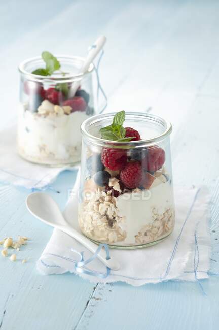 Oatmeal with fruit and yoghurt — Stock Photo