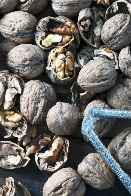 Whole organic walnuts and a nutcracker — Stock Photo