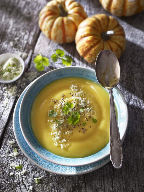 Kürbissuppe mit frischem Pfeffer, Parmesan und Koriander — Stockfoto