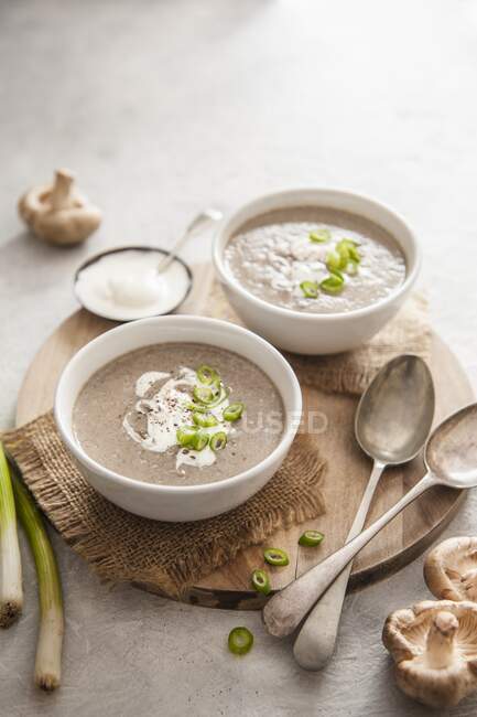 Mushroom soup in a bowls with cream and spring onion — Stock Photo
