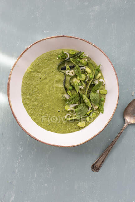 Sopa de leguminosa verde com ervilhas e feijão — Fotografia de Stock