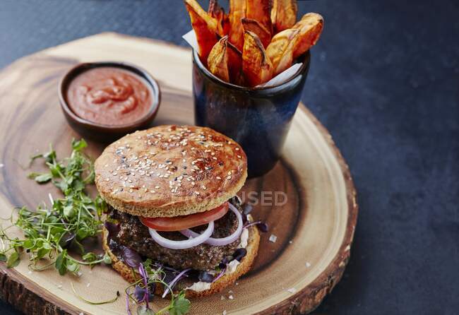 Close-up shot of delicious hamburger with sweet potato fries — Stock Photo