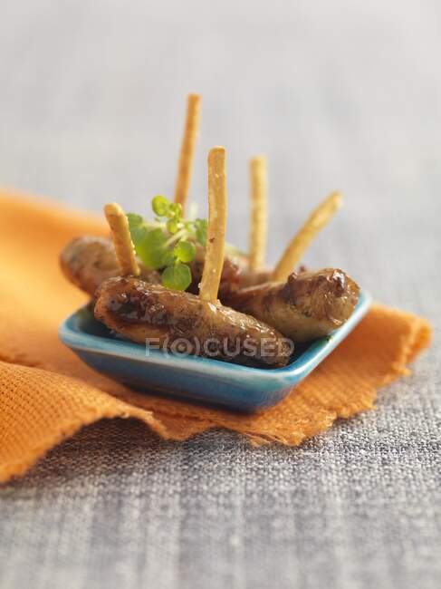 Mini sausage skewers close-up view — Stock Photo