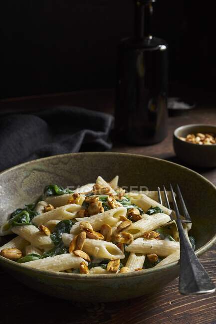 Penne with spinach and caramelized peanuts in goat's cheese sauce — Stock Photo