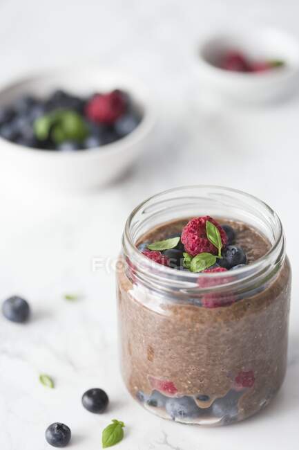 Chocolate chia pudding with fruits — Stock Photo