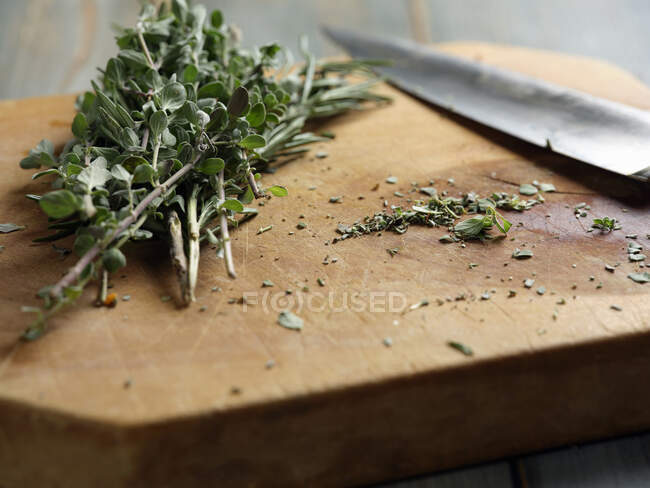 Fresh herbs on wooden chopping board — Stock Photo