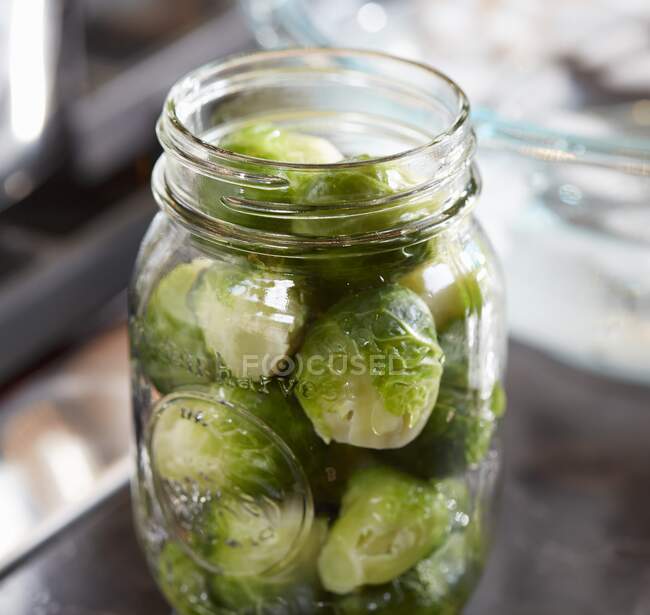 Pickled brussels sprouts in a glass jar — Stock Photo