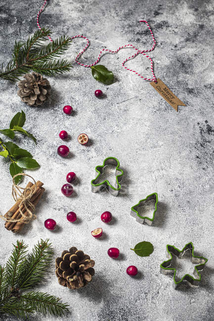 Christmas still - cranberries and cookie cutters — Stock Photo