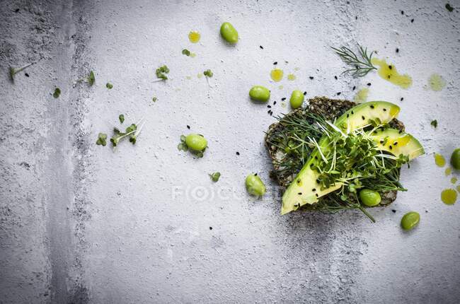 Rebanadas frescas de avaocado en pan sin semillas con aceite de avaocado, frijoles endemame y micro verduras - foto de stock