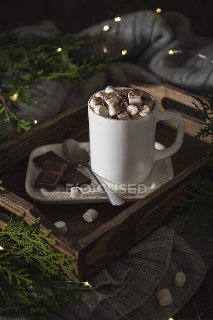 Heißgetränk mit Marshmallow und Weihnachtsbeleuchtung — Stockfoto