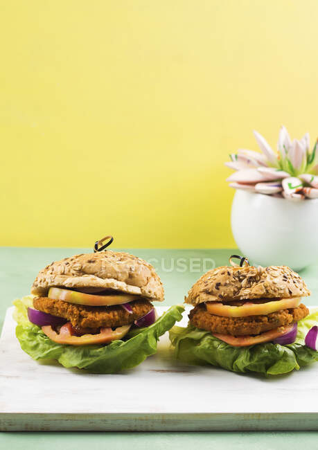 Vegan burger made with spelt bun and soy and vegetable patty with lettuce salad, tomato and red onion — Stock Photo
